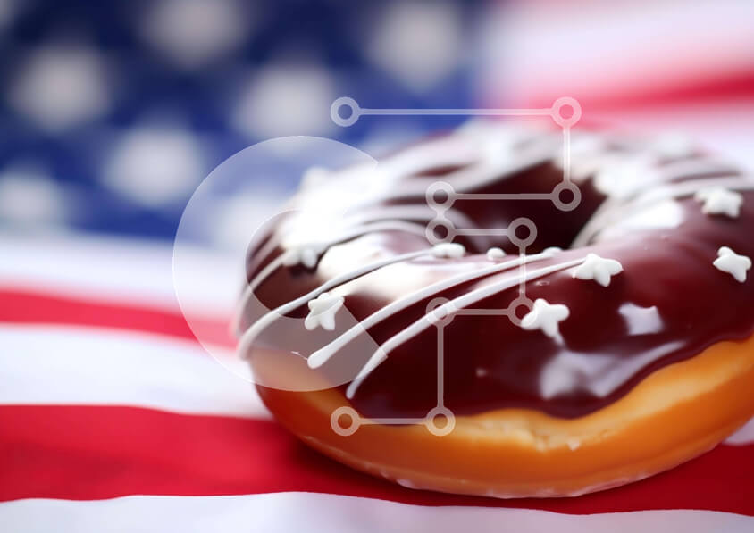 Intra Συλλεκτικό Ξύλινο Παζλ Plywood  4mm - Σοκολάτα παγωμένο ντόνατ σε φόντο αμερικανικής σημαίας Σε Ξύλινο Κουτί - Διαστάσεις: 10x10 cm – 25 κομμάτια