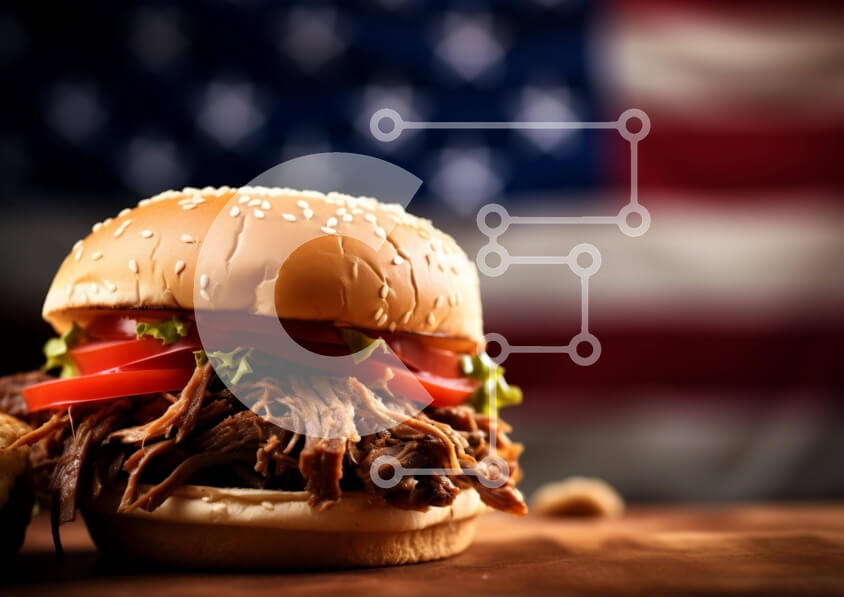 Intra Συλλεκτικό Ξύλινο Παζλ Plywood  4mm - Σάντουιτς τραβηγμένο χοιρινό με φόντο αμερικανικής σημαίας Σε Ξύλινο Κουτί - Διαστάσεις: 10x10 cm – 25 κομμάτια