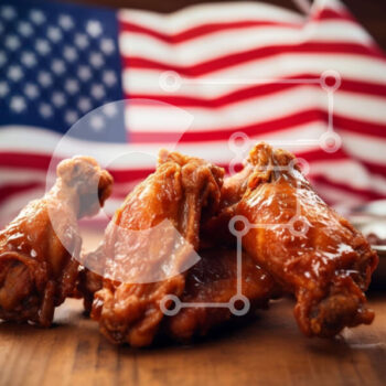 Intra Συλλεκτικό Ξύλινο Παζλ Plywood  4mm - Φτερούγες κοτόπουλου σε ξύλινο τραπέζι μπροστά από την αμερικανική σημαία Σε Ξύλινο Κουτί - Διαστάσεις: 10x10 cm – 25 κομμάτια - Image 1