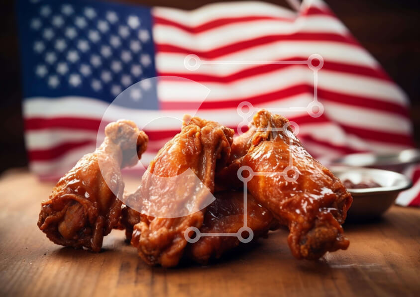 Intra Συλλεκτικό Ξύλινο Παζλ Plywood  4mm - Φτερούγες κοτόπουλου σε ξύλινο τραπέζι μπροστά από την αμερικανική σημαία Σε Ξύλινο Κουτί - Διαστάσεις: 10x10 cm – 25 κομμάτια