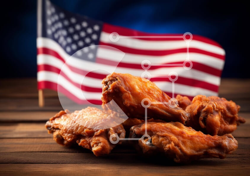 Intra Συλλεκτικό Ξύλινο Παζλ Plywood  4mm - Φρεσκομαγειρεμένες φτερούγες κοτόπουλου σε ξύλινο τραπέζι με αμερικανική σημαία Σε Ξύλινο Κουτί - Διαστάσεις: 10x10 cm – 25 κομμάτια