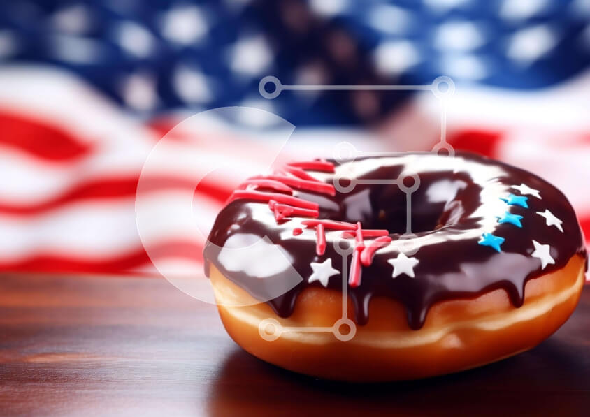 Intra Συλλεκτικό Ξύλινο Παζλ Plywood  4mm - Πατριωτικό ντόνατ με φόντο αμερικανική σημαία Σε Ξύλινο Κουτί - Διαστάσεις: 10x10 cm – 25 κομμάτια