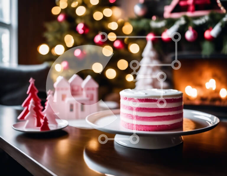 Intra Συλλεκτικό Ξύλινο Παζλ Plywood  4mm - Ροζ ριγέ τούρτα στο τραπέζι με διακοσμητικό τζάκι Σε Ξύλινο Κουτί - Διαστάσεις: 10x10 cm – 25 κομμάτια