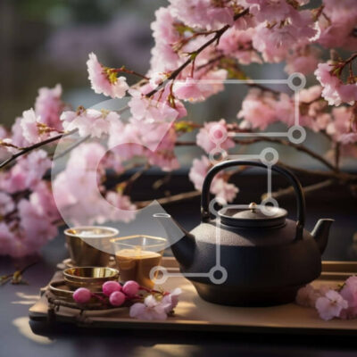 Intra Συλλεκτικό Ξύλινο Παζλ Plywood  4mm - Τσαγιέρα με ασιατική έμπνευση και σνακ με ροζ άνθη Σε Ξύλινο Κουτί - Διαστάσεις: 10x10 cm – 25 κομμάτια - Image 1