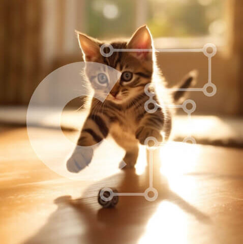Intra Συλλεκτικό Ξύλινο Παζλ Plywood 4mm - Χαριτωμένο Tiger Cub που τρέχει προς το ποντίκι παιχνίδι με πράσινα μάτια Σε Ξύλινο Κουτί - Διαστάσεις: 10x10 cm – 25 κομμάτια - Image 1