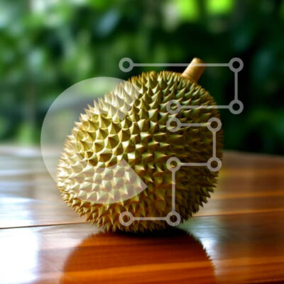 Intra Συλλεκτικό Ξύλινο Παζλ Plywood  4mm - Κοντινό πλάνο με ώριμα φρούτα Durian σε ξύλινο τραπέζι Σε Ξύλινο Κουτί - Διαστάσεις: 10x10 cm – 25 κομμάτια - Image 1