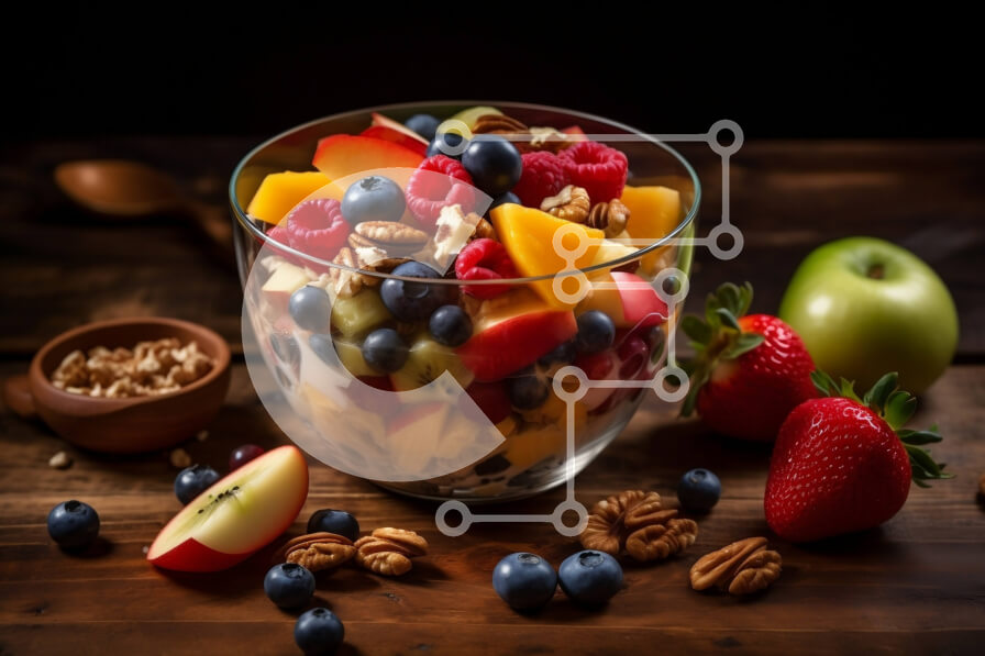 Intra Συλλεκτικό Ξύλινο Παζλ Plywood  4mm - Νόστιμη φρουτοσαλάτα με μούρα και ξηρούς καρπούς σε ξύλινο τραπέζι Σε Ξύλινο Κουτί - Διαστάσεις: 10x10 cm – 25 κομμάτια