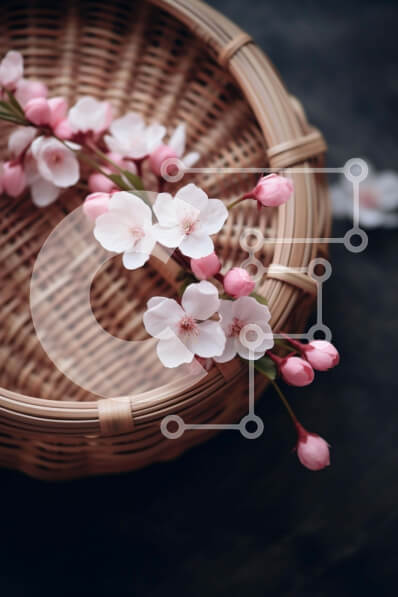 Intra Συλλεκτικό Ξύλινο Παζλ Plywood  4mm - Ροζ άνθη κερασιάς σε ένα ψάθινο καλάθι Σε Ξύλινο Κουτί - Διαστάσεις: 10x10 cm – 25 κομμάτια