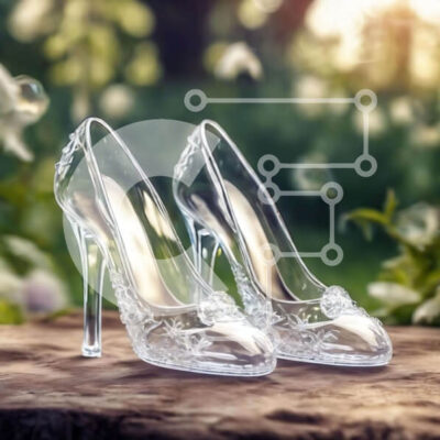 Intra Συλλεκτικό Ξύλινο Παζλ Plywood  4mm - Διαφανή ψηλοτάκουνα παπούτσια με floral διακοσμήσεις σε ξύλινο τραπέζι Σε Ξύλινο Κουτί - Διαστάσεις: 10x10 cm – 25 κομμάτια - Image 1