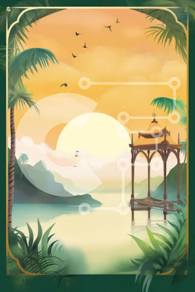 Intra Συλλεκτικό Ξύλινο Παζλ Plywood  4mm - Ειδυλλιακό κιόσκι και φοίνικες δίπλα στο νερό στο ηλιοβασίλεμα Σε Ξύλινο Κουτί - Διαστάσεις: 10x10 cm – 25 κομμάτια