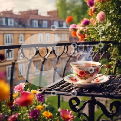 Intra Συλλεκτικό Ξύλινο Παζλ Plywood 4mm - Ζεστό φλιτζάνι τσαγιού και πιατάκι σε εξωτερικό τραπέζι με αχνιστό καφέ Σε Ξύλινο Κουτί - Διαστάσεις: 10x10 cm – 25 κομμάτια - Image 1