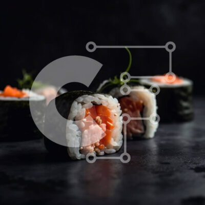 Intra Συλλεκτικό Ξύλινο Παζλ Plywood 4mm - Νόστιμο σούσι με ρολά σολομού και αβοκάντο σε σκοτεινό πιάτο Σε Ξύλινο Κουτί - Διαστάσεις: 10x10 cm – 25 κομμάτια - Image 1