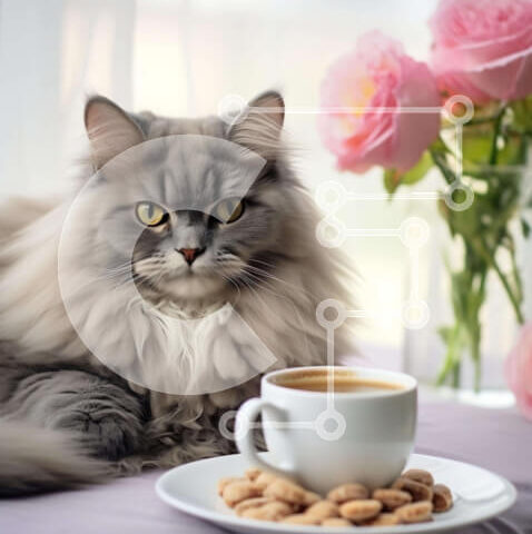 Intra Συλλεκτικό Ξύλινο Παζλ Plywood  4mm - Γκρίζα γάτα στο περβάζι παραθύρου με καφέ και μπισκότα Σε Ξύλινο Κουτί - Διαστάσεις: 10x10 cm – 25 κομμάτια - Image 1