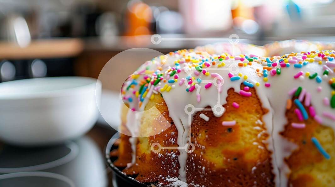 Intra Συλλεκτικό Ξύλινο Παζλ Plywood  4mm - Πολύχρωμο πασπαλισμένο κέικ Bundt με γλάσο και φλιτζάνι Σε Ξύλινο Κουτί - Διαστάσεις: 10x10 cm – 25 κομμάτια