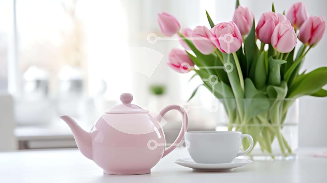 Intra Συλλεκτικό Ξύλινο Παζλ Plywood  4mm - Ροζ τσαγιέρα και φλιτζάνι με βάζο με ροζ τουλίπες Σε Ξύλινο Κουτί - Διαστάσεις: 10x10 cm – 25 κομμάτια