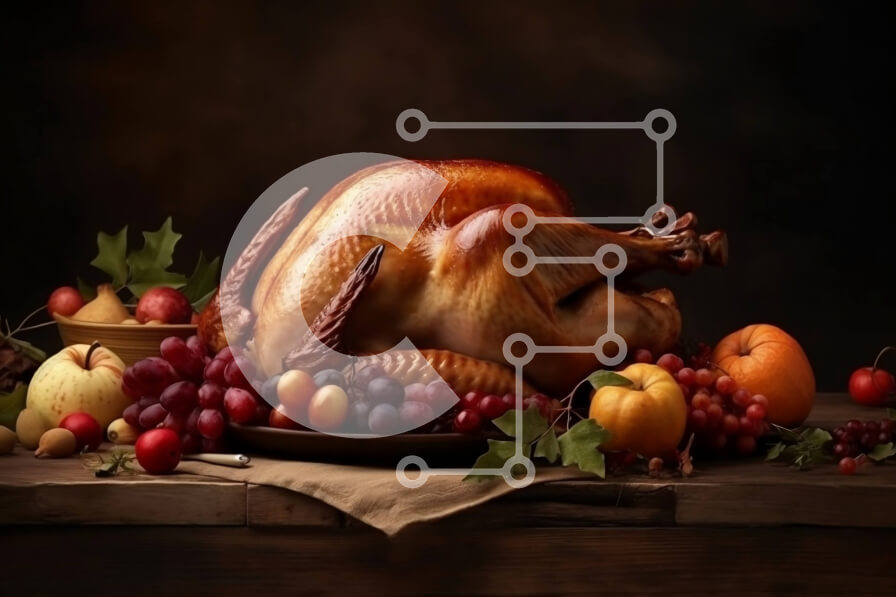 Intra Συλλεκτικό Ξύλινο Παζλ Plywood  4mm - Νόστιμη ψητή γαλοπούλα με σταφύλια, μήλα και πορτοκάλια σε ξύλινο τραπέζι Σε Ξύλινο Κουτί - Διαστάσεις: 10x10 cm – 25 κομμάτια