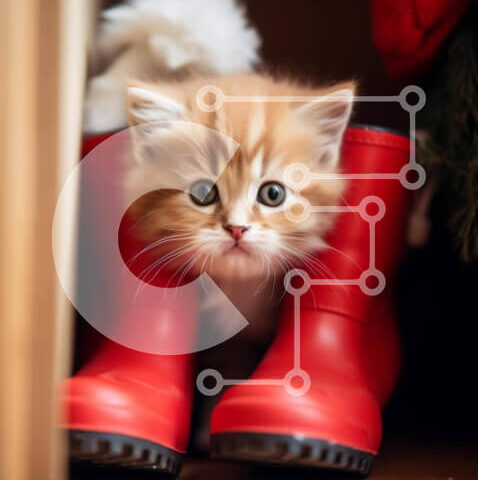 Intra Συλλεκτικό Ξύλινο Παζλ Plywood  4mm - Περίεργο γατάκι που κρυφοκοιτάζει από κόκκινες μπότες Σε Ξύλινο Κουτί - Διαστάσεις: 10x10 cm – 25 κομμάτια - Image 1