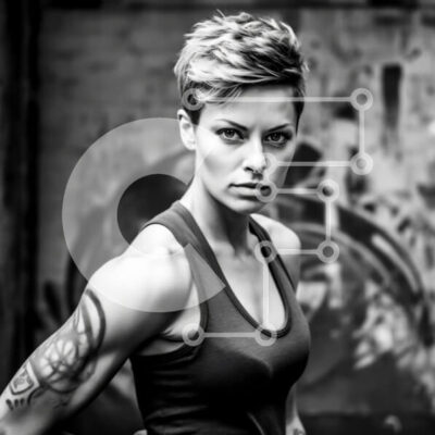 Intra Συλλεκτικό Ξύλινο Παζλ Plywood  4mm - Sporty and edgy look: Γυναίκα με κοντά μαλλιά και τατουάζ μπροστά στον τοίχο του γκράφιτι Σε Ξύλινο Κουτί - Διαστάσεις: 10x10 cm – 25 κομμάτια - Image 1