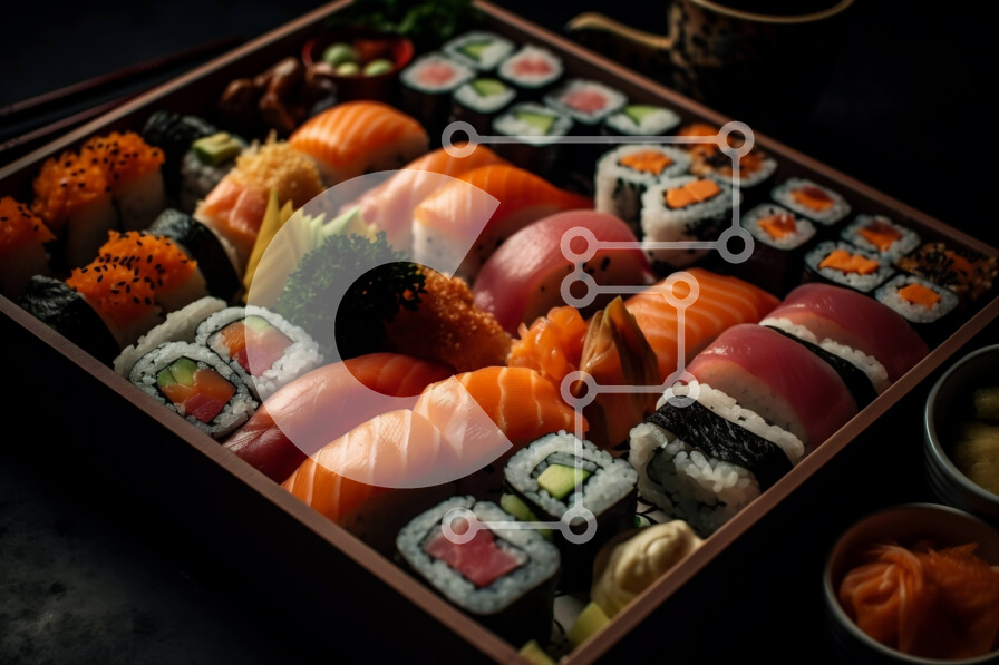 Intra Συλλεκτικό Ξύλινο Παζλ Plywood  4mm - Νόστιμο κουτί σούσι με ρολά σολομού, τόνου και αβοκάντο Σε Ξύλινο Κουτί - Διαστάσεις: 10x10 cm – 25 κομμάτια