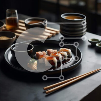 Intra Συλλεκτικό Ξύλινο Παζλ Plywood  4mm - Νόστιμη εικόνα με ρολά σούσι σε ένα σκοτεινό τραπέζι Σε Ξύλινο Κουτί - Διαστάσεις: 10x10 cm – 25 κομμάτια - Image 1