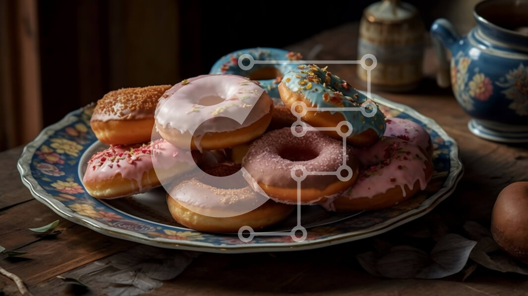 Intra Συλλεκτικό Ξύλινο Παζλ Plywood  4mm - Νόστιμη εικόνα από πολύχρωμα γλασαρισμένα ντόνατς σε ένα ξύλινο τραπέζι Σε Ξύλινο Κουτί - Διαστάσεις: 10x10 cm – 25 κομμάτια