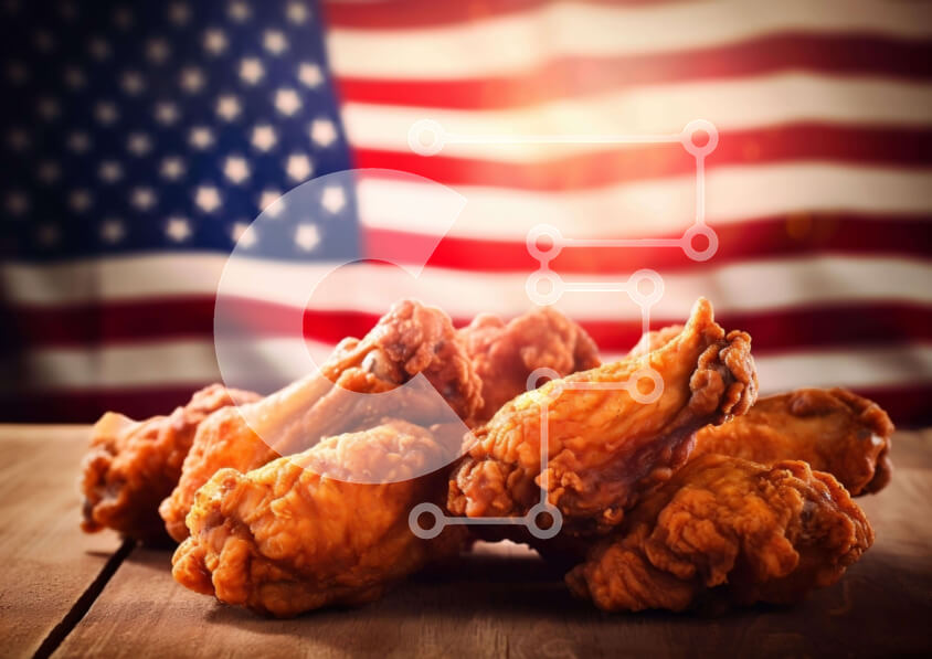 Intra Συλλεκτικό Ξύλινο Παζλ Plywood  4mm - Τηγανητά φτερά κοτόπουλου σε ξύλινο τραπέζι με φόντο αμερικανικής σημαίας Σε Ξύλινο Κουτί - Διαστάσεις: 10x10 cm – 25 κομμάτια