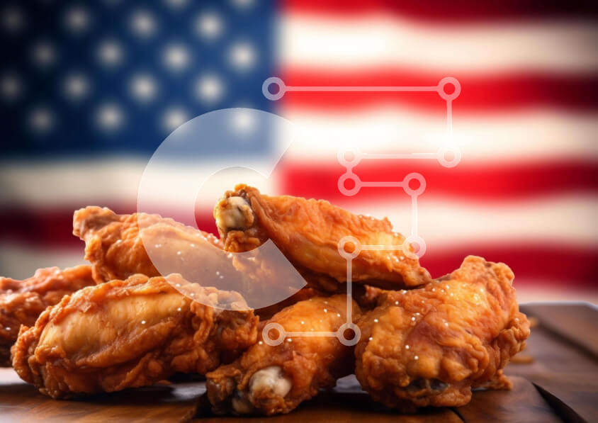 Intra Συλλεκτικό Ξύλινο Παζλ Plywood  4mm - Τηγανητά φτερά κοτόπουλου με φόντο αμερικανικής σημαίας Σε Ξύλινο Κουτί - Διαστάσεις: 10x10 cm – 25 κομμάτια