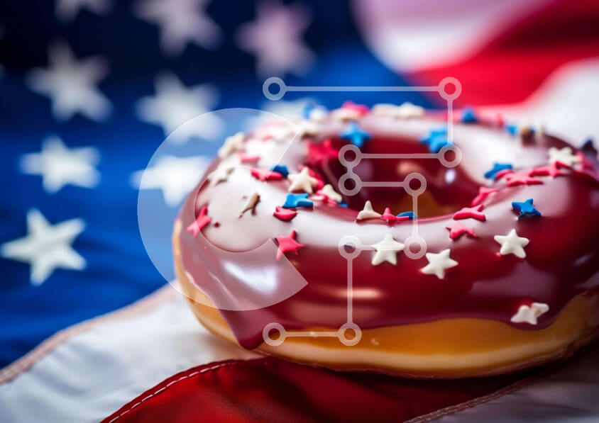 Intra Συλλεκτικό Ξύλινο Παζλ Plywood  4mm - Ντόνατ αμερικανικής σημαίας με κόκκινο, λευκό και μπλε πασπαλίζει Σε Ξύλινο Κουτί - Διαστάσεις: 10x10 cm – 25 κομμάτια