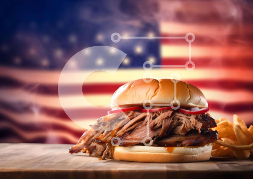 Intra Συλλεκτικό Ξύλινο Παζλ Plywood  4mm - Σάντουιτς τραβηγμένο χοιρινό με πατάτες και αμερικανική σημαία Σε Ξύλινο Κουτί - Διαστάσεις: 10x10 cm – 25 κομμάτια