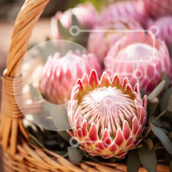 Intra Συλλεκτικό Ξύλινο Παζλ Plywood  4mm - Φρέσκα ροζ λουλούδια Πρωτέας σε ψάθινο καλάθι Σε Ξύλινο Κουτί - Διαστάσεις: 10x10 cm – 25 κομμάτια - Image 1