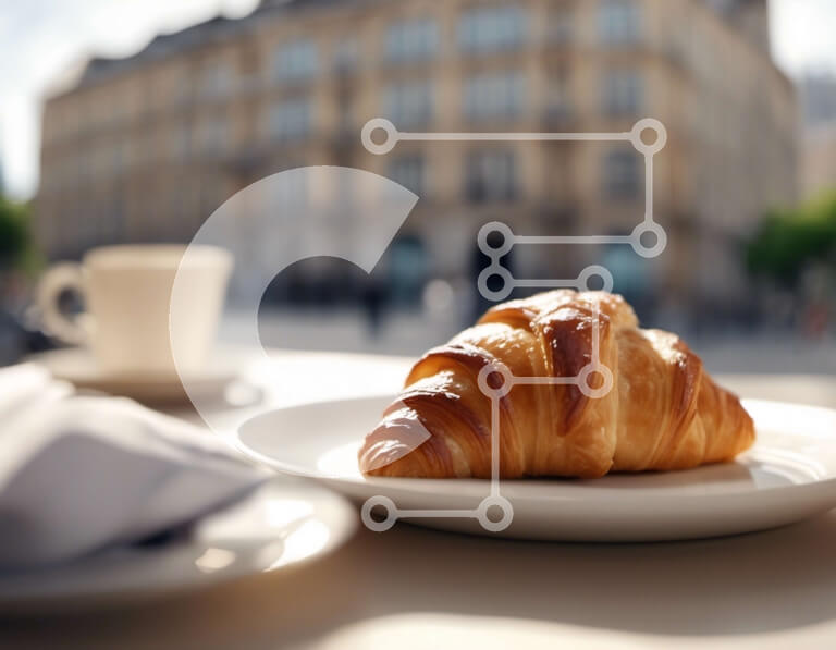 Intra Συλλεκτικό Ξύλινο Παζλ Plywood  4mm - Νόστιμο κρουασάν και καφές σε ένα τραπέζι έξω Σε Ξύλινο Κουτί - Διαστάσεις: 10x10 cm – 25 κομμάτια