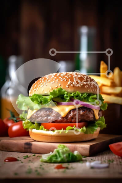 Intra Συλλεκτικό Ξύλινο Παζλ Plywood  4mm - Λαχταριστό Cheeseburger με φρέσκο ​​μαρούλι και ντομάτα σε ξύλινο τραπέζι Σε Ξύλινο Κουτί - Διαστάσεις: 10x10 cm – 25 κομμάτια