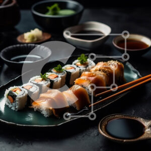 Intra Συλλεκτικό Ξύλινο Παζλ Plywood  4mm - Νόστιμο πιάτο σούσι με φρέσκα ψάρια και λαχανικά Σε Ξύλινο Κουτί - Διαστάσεις: 10x10 cm – 25 κομμάτια