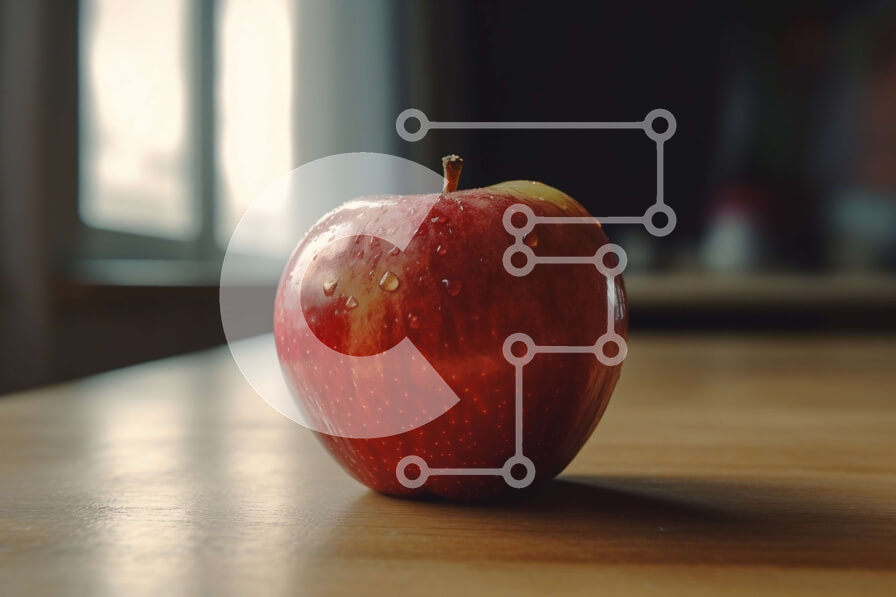 Intra Συλλεκτικό Ξύλινο Παζλ Plywood  4mm - Όμορφη εικόνα της Apple σε ξύλινο τραπέζι με θέα στον ορίζοντα της πόλης Σε Ξύλινο Κουτί - Διαστάσεις: 10x10 cm – 25 κομμάτια