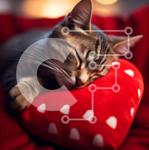 Intra Συλλεκτικό Ξύλινο Παζλ Plywood  4mm - Γάτα που κοιμάται σε μαξιλάρι σε σχήμα καρδιάς με απαλό πορτοκαλί και κόκκινο σχέδιο Σε Ξύλινο Κουτί - Διαστάσεις: 10x10 cm – 25 κομμάτια - Image 1