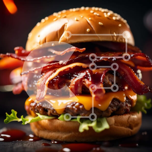 Intra Συλλεκτικό Ξύλινο Παζλ Plywood  4mm - Λαχταριστό Cheeseburger μπέικον με κέτσαπ σε σκούρο φόντο Σε Ξύλινο Κουτί - Διαστάσεις: 10x10 cm – 25 κομμάτια