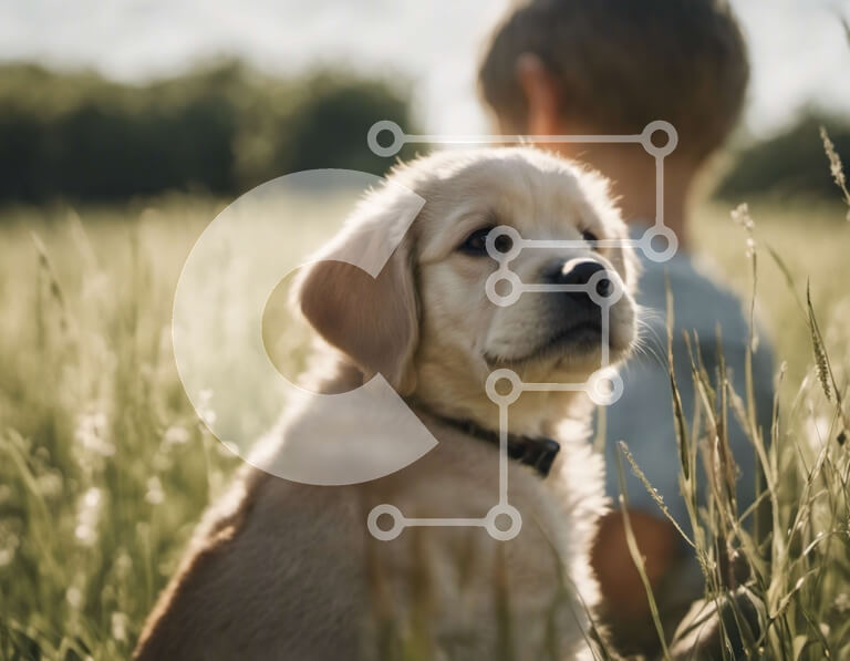 Intra Συλλεκτικό Ξύλινο Παζλ Plywood 4mm - Κουτάβι Golden Retriever σε ένα χωράφι με ψηλό γρασίδι Σε Ξύλινο Κουτί - Διαστάσεις: 10x10 cm – 25 κομμάτια - Image 1