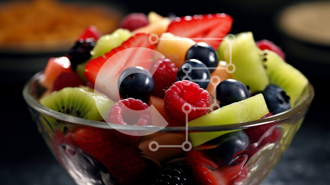 Intra Συλλεκτικό Ξύλινο Παζλ Plywood  4mm - Νόστιμη μικτή φρουτοσαλάτα σε σκούρο φόντο Σε Ξύλινο Κουτί - Διαστάσεις: 10x10 cm – 25 κομμάτια