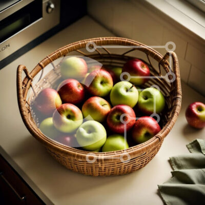 Intra Συλλεκτικό Ξύλινο Παζλ Plywood  4mm - Όμορφη εικόνα των μήλων σε ένα ψάθινο καλάθι σε έναν πάγκο κουζίνας Σε Ξύλινο Κουτί - Διαστάσεις: 10x10 cm – 25 κομμάτια - Image 1