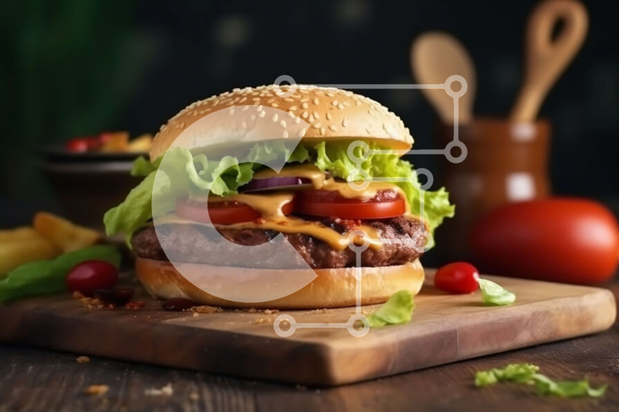 Intra Συλλεκτικό Ξύλινο Παζλ Plywood  4mm - Νόστιμη εικόνα από τσίζμπεργκερ και πατάτες σε ξύλινο ξύλο κοπής Σε Ξύλινο Κουτί - Διαστάσεις: 10x10 cm – 25 κομμάτια