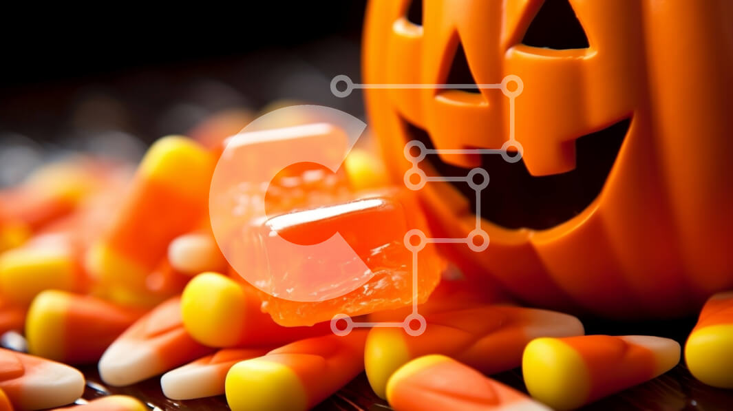 Intra Συλλεκτικό Ξύλινο Παζλ Plywood  4mm - Πορτοκαλί κολοκύθα με ζαχαρωτά καλαμπόκια και Gummy Bears σε ξύλινο τραπέζι Σε Ξύλινο Κουτί - Διαστάσεις: 10x10 cm – 25 κομμάτια