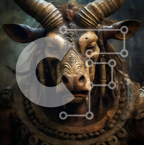 Intra Συλλεκτικό Ξύλινο Παζλ Plywood 4mm - Έντονη εικόνα του κεφαλιού του ταύρου με μεγάλα κέρατα και σκούρα γούνα Σε Ξύλινο Κουτί - Διαστάσεις: 10x10 cm – 25 κομμάτια - Image 1