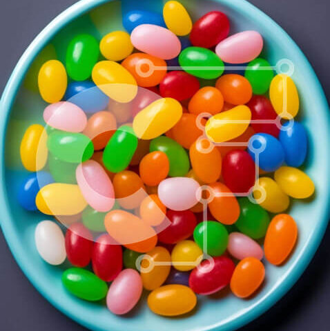 Intra Συλλεκτικό Ξύλινο Παζλ Plywood  4mm - Πολύχρωμα φασόλια ζελέ σε μπλε μπολ Σε Ξύλινο Κουτί - Διαστάσεις: 10x10 cm – 25 κομμάτια - Image 1