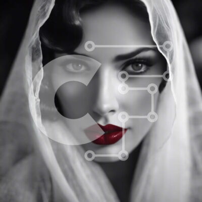 Intra Συλλεκτικό Ξύλινο Παζλ Plywood  4mm - Γυναίκα με ασπρόμαυρη εικόνα με περίτεχνο πέπλο και κόκκινα χείλη Σε Ξύλινο Κουτί - Διαστάσεις: 10x10 cm – 25 κομμάτια - Image 1