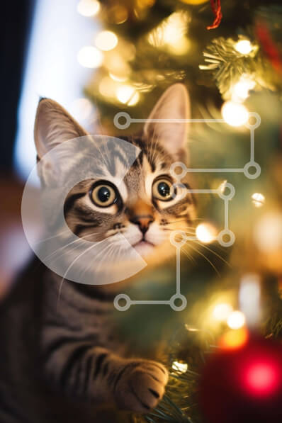 Intra Συλλεκτικό Ξύλινο Παζλ Plywood  4mm - Περίεργη γάτα που κρυφοκοιτάζει πίσω από το χριστουγεννιάτικο δέντρο Σε Ξύλινο Κουτί - Διαστάσεις: 10x10 cm – 25 κομμάτια