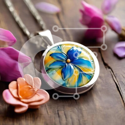 Intra Συλλεκτικό Ξύλινο Παζλ Plywood  4mm - Μπλε και κίτρινο μενταγιόν λουλουδιών σε ροζ και μωβ λουλούδια Σε Ξύλινο Κουτί - Διαστάσεις: 10x10 cm – 25 κομμάτια - Image 1