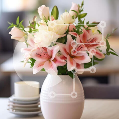 Intra Συλλεκτικό Ξύλινο Παζλ Plywood  4mm - Λευκό βάζο με ροζ και λευκά λουλούδια σε ξύλινο τραπέζι Σε Ξύλινο Κουτί - Διαστάσεις: 10x10 cm – 25 κομμάτια - Image 1