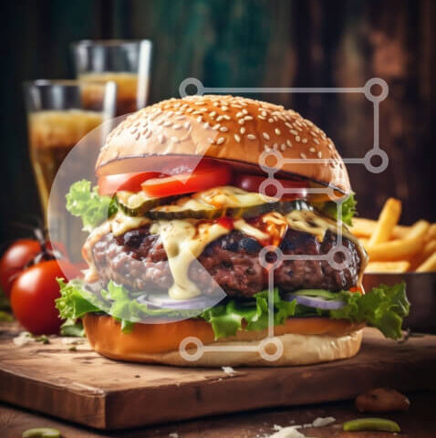 Intra Συλλεκτικό Ξύλινο Παζλ Plywood  4mm - Γλυκιά εικόνα ενός Cheeseburger με μαρούλι, ντομάτα και τηγανιτές πατάτες Σε Ξύλινο Κουτί - Διαστάσεις: 10x10 cm – 25 κομμάτια - Image 1