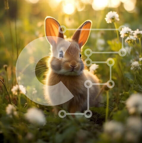 Intra Συλλεκτικό Ξύλινο Παζλ Plywood  4mm - Αξιολάτρευτη εικόνα ενός μικρού καφέ κουνελιού σε ένα χωράφι με λευκά λουλούδια στο ηλιοβασίλεμα Σε Ξύλινο Κουτί - Διαστάσεις: 10x10 cm – 25 κομμάτια - Image 1