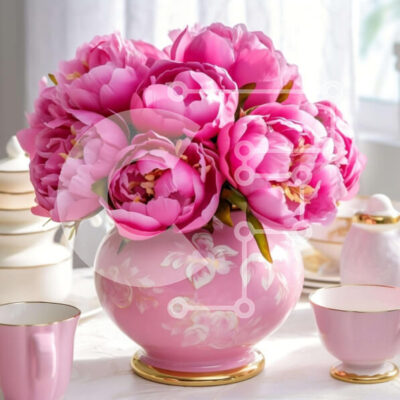 Intra Συλλεκτικό Ξύλινο Παζλ Plywood  4mm - Ροζ λουλούδια σε βάζο με φλιτζάνια τσαγιού στο τραπέζι Σε Ξύλινο Κουτί - Διαστάσεις: 10x10 cm – 25 κομμάτια - Image 1